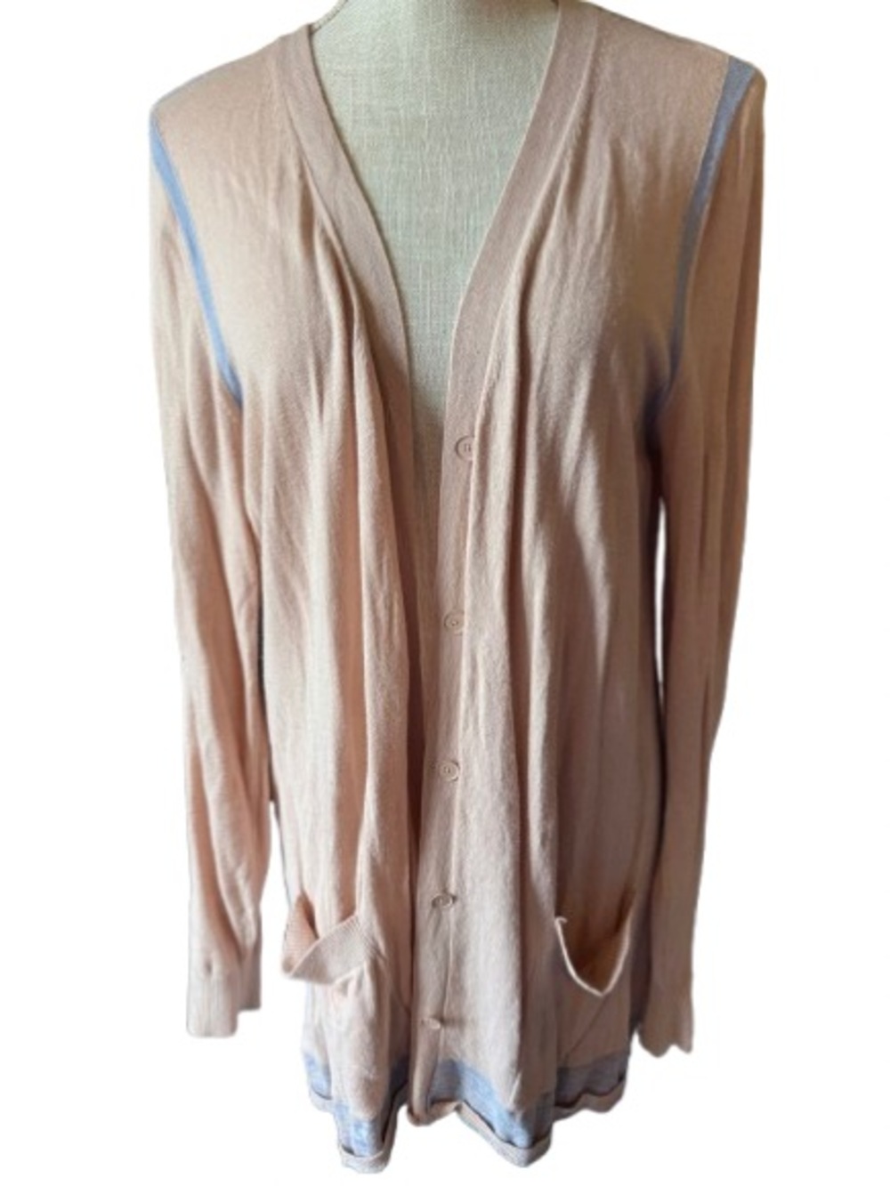 CAbi Peach Long V-Neck Button Cardigan with Pale Blue Trim